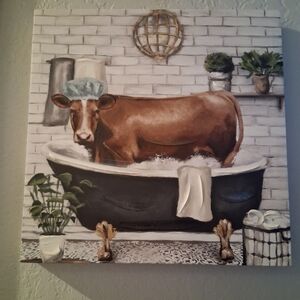 Nwots Brown Cow in Bathtub Canvas Art